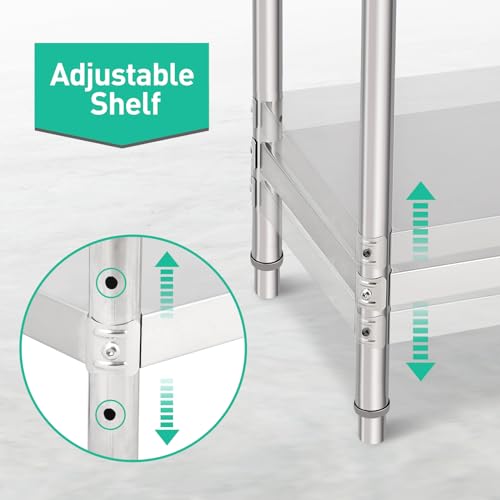 Stainless Steel Prep Table, NSF Commercial Work Table 60 x 24 x 35 Inches with Undershelf, Stainless Steel Table for Food Prep & Work, Heavy Duty for Kitchen, Restaurant, Hotel, Silver