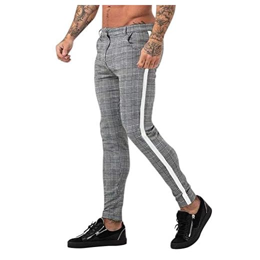 ORANDESIGNE Hommes Chino Slim Fit Rayé Casual Élastique Pantalon de Sport Décontracté pour Homme à Carreaux Coupe Slim Pantalons de Jogging D Blanc L