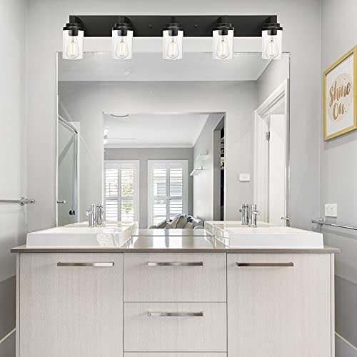 Image of MELUCEE 5-Light Black Bathroom Light Fixtures with Clear Glass Shade, Black Vanity Lights Industrial Wall Mount Light for Bathroom Mirror, Powder Room Bedroom
