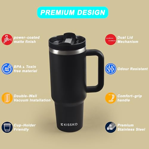Image of 1200ml Stanley Bottle with Straw & Handle | Stainless Steel Insulated Tumbler with 1 Lids | Leak-Proof Stanley Sipper Water Bottle for Adults | Hot & Cold Steel Tumbler Cup (Black)