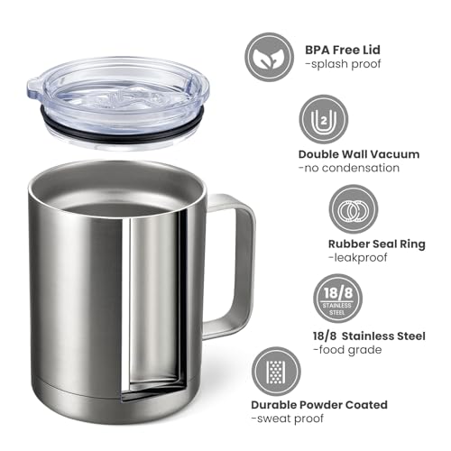 Image of MEWAY 12oz Coffee Mug With Handle 4 Pack Bulk,Stainless Steel Insulated Travel Tumblers With Sliding Lid,Double Wall Vacuum Camping Cup for Hot & Cold Drinks Tea (Mix,Set of 4)