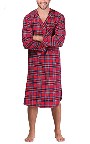 PajamaGram Mens Sleep Shirt Flannel - Mens Nightshirt, Stewart Plaid, Medium Red