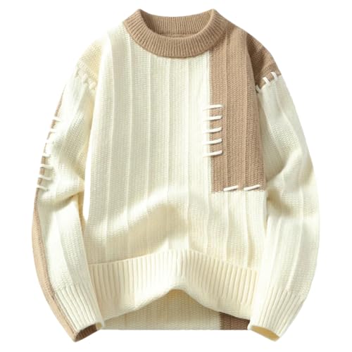 Men's Round Neck Lantern Long-Sleeved Sweater Knitted Pullover Contrast Color Casual Top