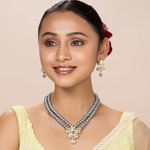 Image of Peora Crystal Faux Pearl Kundan Necklace & Jewellery Set Gift for Women