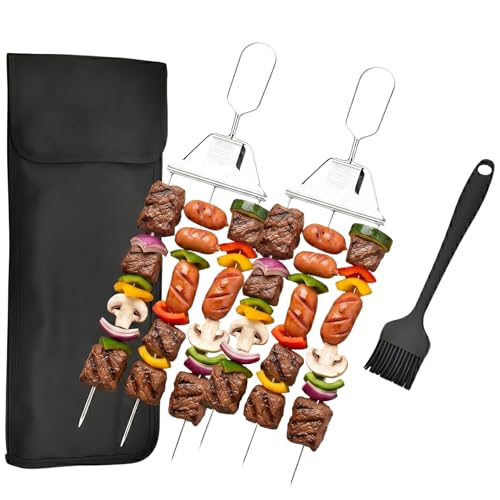 Skewers for Grilling 3 Prong Skewers for Grilling 14.7 Stainless Steel BBQ Kabob Skewers with Push-Off Slider Reusable Metal Skewer Sticks with Storage Bag & Basting Brush for Meat