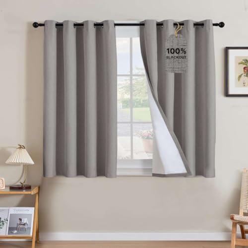 Image of H.VERSAILTEX Linen Curtains 100% Blackout Curtains for Bedroom 45 inch Long Full Light Blocking Nature Linen Blended Window Curtains for Living Room Nickel Grommet (2 Panels, Heathered Dove)