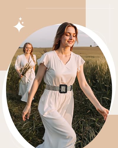 Image of WILLBOND 4 Pcs Women's Elastic Raffia Woven Belt, Boho Rattan Buckle Stretch Straw Wide Waist Belt for Dresses Jeans Pants