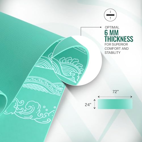 Image of Wiselife Printed Exercise Yoga Mat with Carry Strap, Anti-Slip Fitness Mat for Yoga, Pilates, Stretching & Home Workout (Cyan Wave)