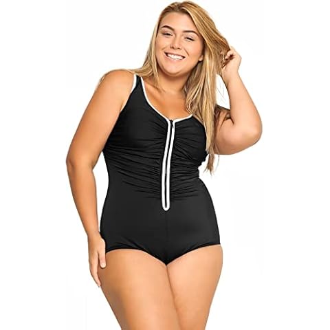 Delimira Women's One Piece Swimsuits Zip Front Built-in Cup Plus Size Swimming Costume Black 18 Cover