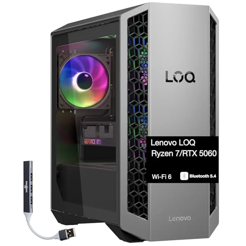 Lenovo LOQ Tower Gaming Desktop PC (AMD Ryzen 7 8745HX, GeForce RTX 5060 8GB GDDR7, 16GB DDR5, 1TB PCIe SSD, RGB Fans, 500W PSU, WiFi 6, Bluetooth 5.4, RJ-45, Win 11 Pro) w/DKZ USB Port Expander