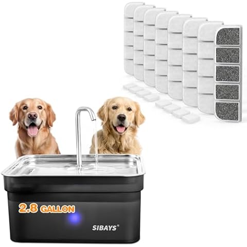 SIBAYS 2.8Gal 10.5L Large Pet Water Fountain + 8 Pack Replacement Filters & Sponges Cover