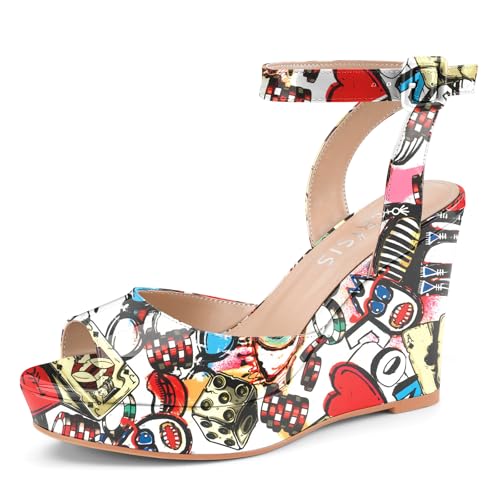 Image of Women's Dressy Platform Wedge Sandals Gold Wedges Peep Toe Patent High Heels Slingback Heeled Comfortable Ankle Strap Shoes
