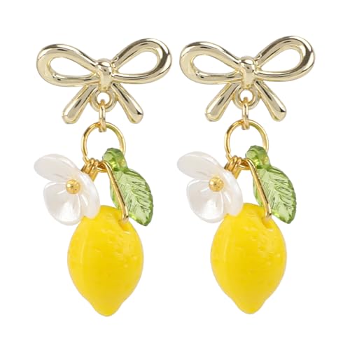 Lemon Bow Earrings for Woman, Cute Yellow Lemon Dangle Hook Food Earrings with Gift Box Stylish Fruit Jewelry Gift for Birthday Parties & Cosplay
