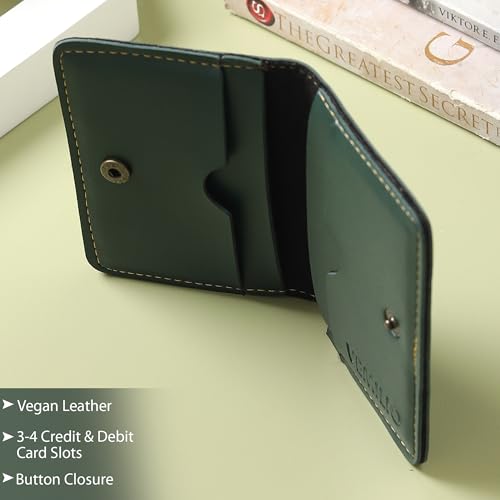 Image of VEMILIO Vegan Leather Card Holder Wallet for Men & Women | Slim Bi-Fold Design | RFID Protected | Button Closure | 3-4 Card Slots | Durable & Travel-Friendly (Black)