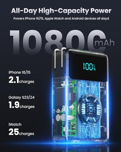 Image of 4-in-1 Portable Charger With Built-in Wall Plug&USB-C Cables,10800mAh Power Bank with iWatch Charger,QC4.0+PD 25W Fast Charging Battery Pack,Travel Essentials for iPhone 17 /16,Apple Watch,Android etc