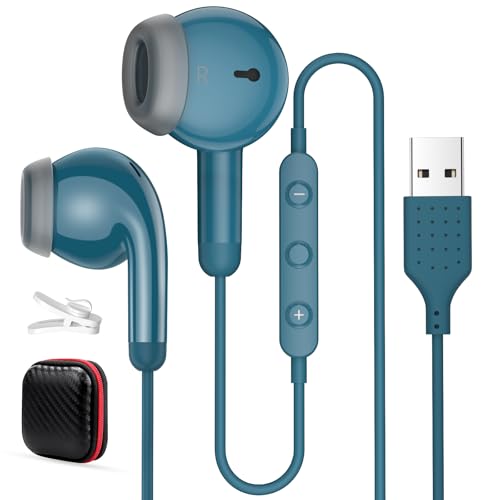 USB Earbuds for PC,Headphones with Microphone for Computer,Wired USB Headset with Mic Audio Control Noise Isolating Stereo Laptop Earphones for Dell for HP Asus for Surface Office Zoom Working Blue