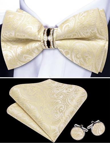 Image of YOHOWA Mens Bow Tie Set Paisley Pre-tied Bowties Adjustable with Handkerchief Cufflinks Gold Ring Set Wedding Prom Party