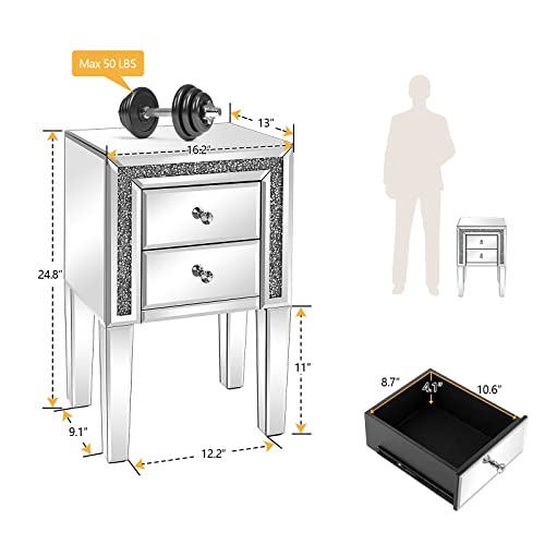 Image of VINGLI Mirror Nightstand with Drawer, Silver Mirrored Glass End Table, Crushed Diamond Glitter for Small Spaces /Bedroom /Living Room