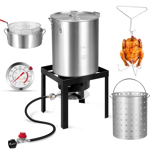 RYHOFOUD OT-3016 Turkey Fryer with Boiler Steamer Set Basket & 50,000BTU Propane Burner, Outdoor Deep Fryer & Seafood Crawfish Boil Pot with Thermometer, Marinade Injector, Turkey Rack & Rack Lifter