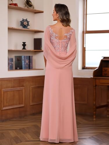 Lace Long Mother Dress for Women with Pleated Sequin Cape Scoop Illusion Chiffon Formal Dresses RA0352