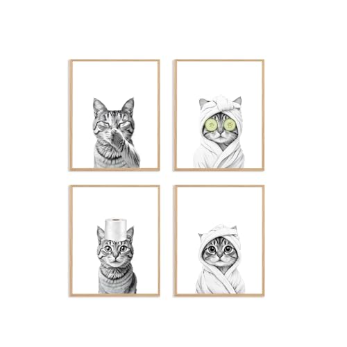 Image of Boat Wades Funny Bathroom Cat Wall Art Prints Set of 4, Cat Bathroom Decor, Cute Kitten Kitty Animal Posters Pictures Wall Decor for Bath Room Washroom Restroom Toilet, 8x10 Unframed