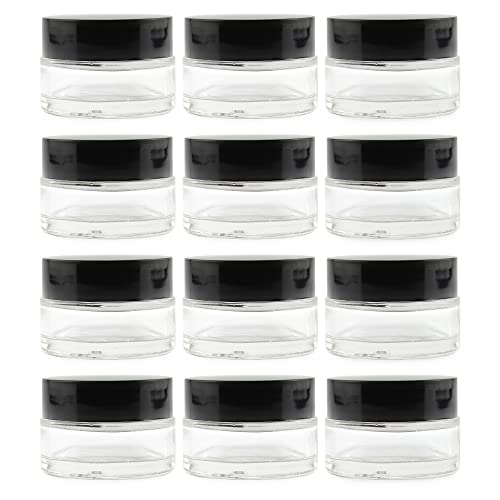 Cornucopia 15-Milliliter Clear Glass Balm Jars (12-Pack); 1/2 oz Cosmetic Jars with Lined Black Plastic Lids