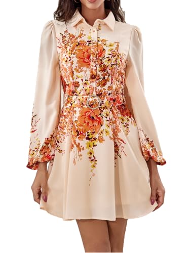Women's Long Sleeved Summer Shirt Dress 2025 Fall Floral Printed Button Down Midi Casual Dresses with Belt for Work Vocation Medium YG039 Beige M