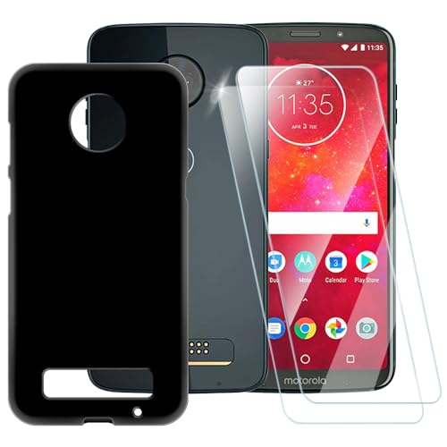 Funda negra pura compatible con Motorola Moto Z3 Play + [2 unidades] Protector de pantalla de vidrio templado, funda a prueba de golpes para Motorola Moto Z3 (6 pulgadas)