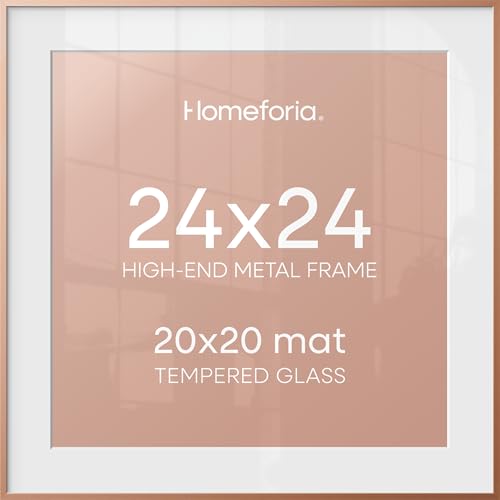 Image of Homeforia 24x24 Picture Frame Rose Gold, High End Metal 24 x 24 Large Square Poster Frame with Mat 20 by 20 inch Photo, 24by24 Thin Frames Matted to 20x20 for Print, Tempered Glass, Wall Kit, Set of 1