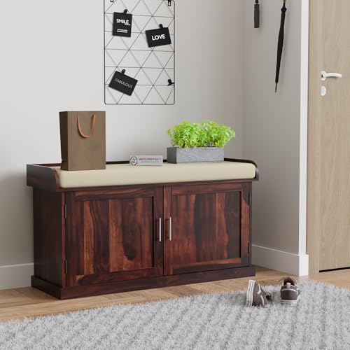 Image of Jangid Handicraft Solid Sheesham Wood Seating Bench for Balcony with Cushion | Outdoor Wooden Shoe Rack Organizer for Home & Office | 2 Shelf & Door Cabinet with Storage | Walnut Finish