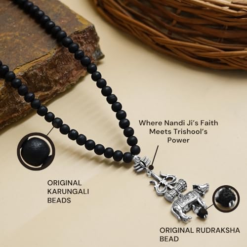 Image of Japam Silver Plated Karungali Mala for Men | Black Wood Spiritual Beads with Trishool Nandi Pendant | Hindu Puja & Meditation Necklace | Certificate of Authenticity