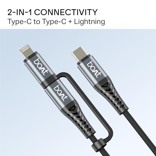 Image of boAt FlexiCharge 250 Cable with 2-in-1 Connectivity Type-C to Type-C + Lightning Cable; 60W /3A PD Fast Charging, 480 Mbps Data Sync, 1.2 m (3.9 ft),10000+ Bends Lifespan, Nylon Braided (Carbon Black)