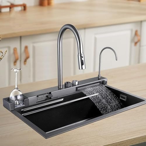 Image of COOTER 30 inch x 18 inch x 9 inch Fully Equipped Kitchen Sink with Integrated Waterfall and Pull-down Faucets with 304 Grade Stainless Steel Nano Black Finish Sink with LED Pannel and Digital Display (PIANO)