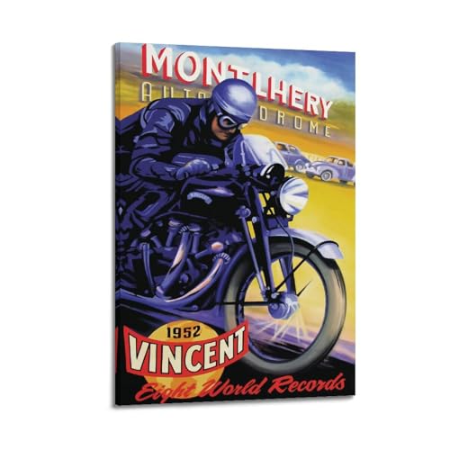 Poster de moto vintage Vincent à Montlhery impression sur toile 60x90 cm