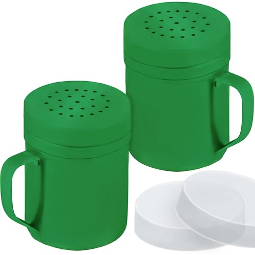 Image of CUSINIUM 6oz Forest Green Stainless Steel Salt Pepper Dredge Shakers - With Plastic Cap - With Handle - Pack of 2