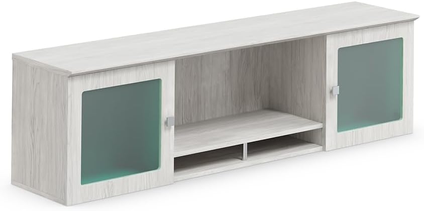 NBF 66" W Wall-Mounted Storage Hutch Stormy Gray/Ashwood White, Modern Hutch with Door, Stylish Display Shelf for Organizing Office or Home Spaces