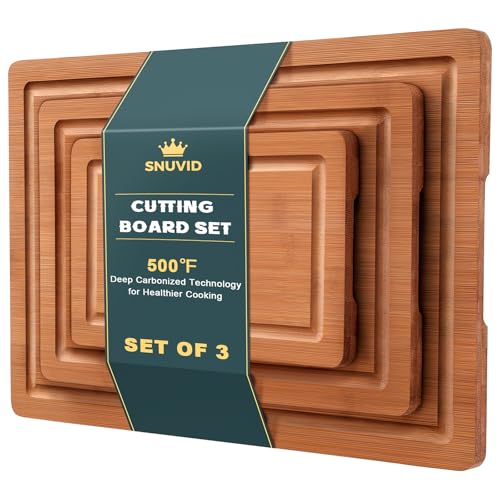 Snuvid Bamboo Cutting Board Set of 3, Wood Cutting Boards for Kitchen with Juice Grooves, Durable Chopping Board for Meat, Vegetables & Meal Prep