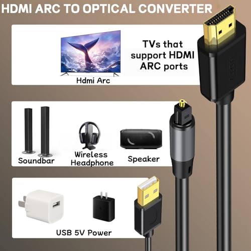 Image of 192KHz HDMI ARC to Optical Audio Converter[Only Work for HDTV A RC Interface] 6ft-ARC to Optical Audio Extractor Adapter for HDTV to Speakers, Amplifiers, Soundbar Support Dolby /DTS 5.1-No CEC