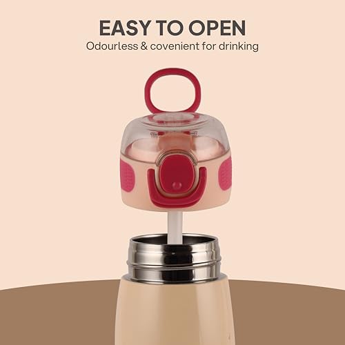 Image of Cello Kidzbee Flare 450 Insulated Stainless Steel Sipper Water Bottle 444 ml, Peach | Winnie Family Cartoon Design Hot & Cold Bottle | Vacuum Insulated Leakproof Easy to Carry Bottle for Kids