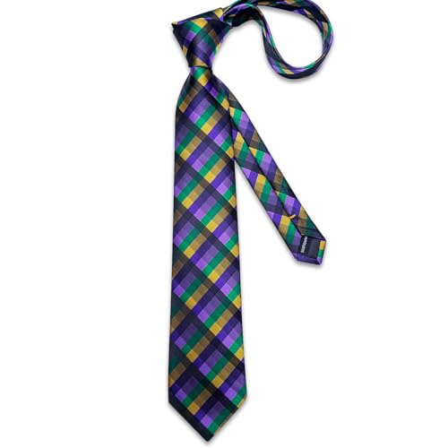 Image of DiBanGu Plaid Ties for Men Silk Checkered Necktie and Pocket Square Cufflinks Tie Clip Set with Gift Box for Wedding Business