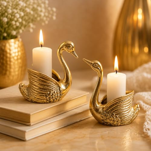 Image of Swan Shape Candle Holder Set of 2 - Gold Decorative Metal Tealight Holders for Home Decor, Table Decoration, Living Room, Bedroom & Festive Decoration