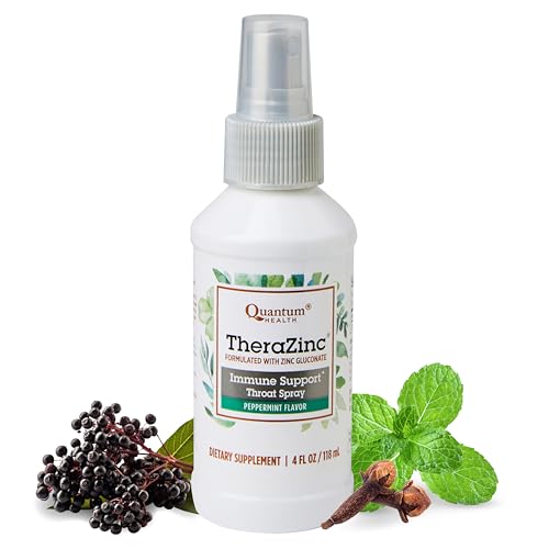 Quantum Health TheraZinc Throat Spray Immune Support & Helps Calm Discomfort Liquid Zinc Gluconate Elderberry Echinacea & Slippery Elm Relief for Adults & Kids 12+ Peppermint Flavor - 4 Ounce