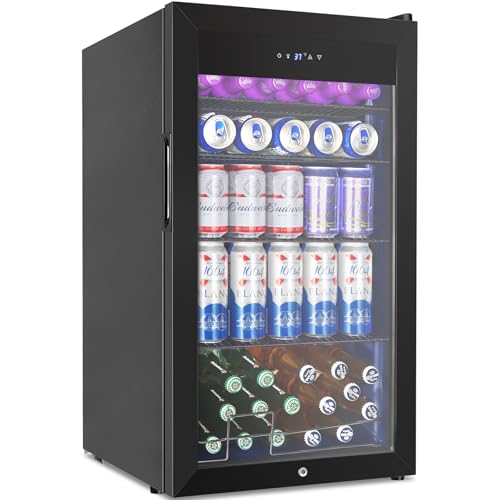 Image of 128 Cans Beverage Refrigerator Cooler, 3.2 Cu.Ft Mini Drink Fridge Glass Door for Drink Beer Soda Wine, Small Beer Fridge with 4 Removable Shelves for Kitchen Bedroom, Office Bar Gaming Room, Black