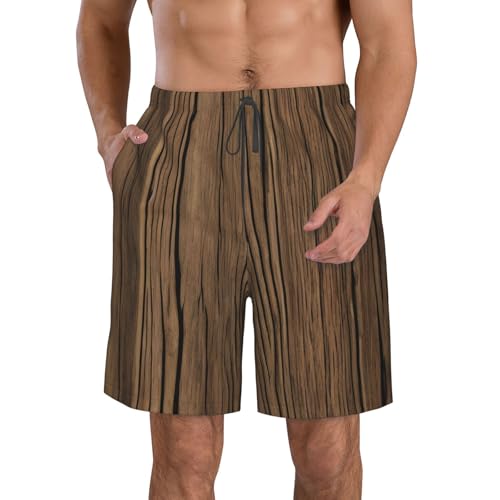 Men's Beach Shorts - Trunks with Pockets, Wood Grain Print Design, Suitable for Running, Walking, and Casual Wear