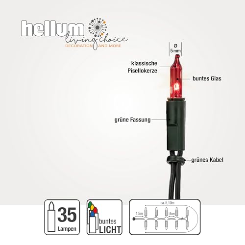 hellum Lichterkette innen mit Stecker, Mini Lichterkette 35 bunte Pisellokerzen, beleuchtete Länge 5,10 m, grünes Kabel, für Weihnachten… – Ansicht 2