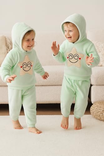 Image of Bold N Elegant Unisex Kids Fleece Printed Smiling Star Warm Fur Pullover Sweatshirt Hoodie Tshirt and Jogger Pant Winter Clothing Set Dress
