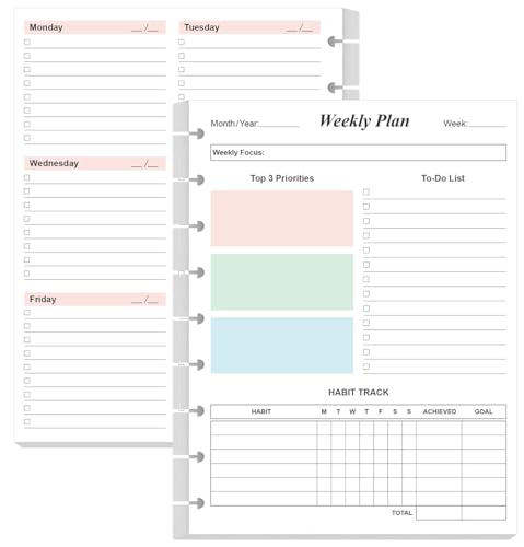 9 Disc Weekly Planner Undated Refills - Classic Size 53 Sheets/106 Pages Colorful Weekly Planner for Happy Planners Insert, 100 gsm White Paper, Lasts 1 Year, Undated, 7