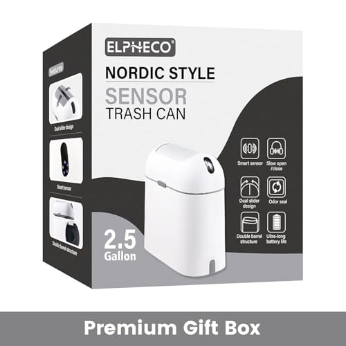 Image of ELPHECO Touchless Trash Can with Lid, 2.5 Gallon / 10 Liter Small Automatic Motion Sensor Garbage Bin, Slim Rectangular Plastic Wastebasket for Bathroom, Bedroom, Kitchen, Office (White Grey)