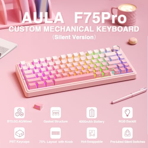 Image of AULA F75 Pro Wireless Mechanical Keyboard Silent Version,75% Hot Swappable Custom Keyboard with Knob,RGB Backlit,Pre-lubed Switches,Side Printed PBT Keycaps,2.4GHz /USB-C /BT5.0 PC Gaming Keyboards,Pink