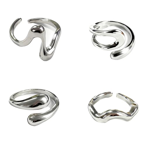 4 Pcs Silver Rings for Women, Chunky Silver Rings, Opening A